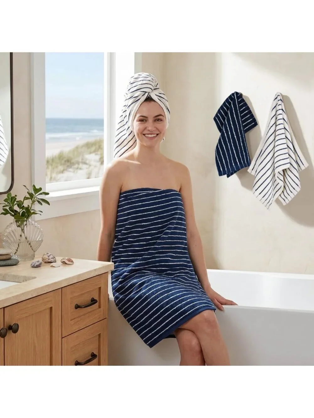 8-Piece Cotton Striped Towel Set in Navy Blue & Ivory - Soft, Absorbent Bath